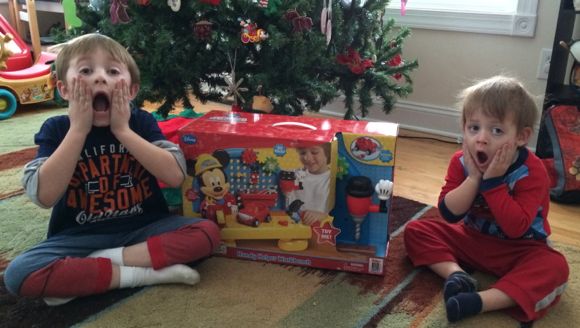 My boys were so excited and surprised when their Christmas Elves brought them this awesome workbench!