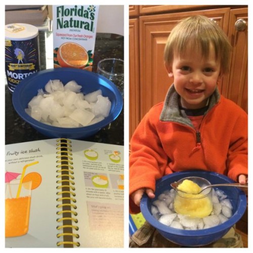 The boys LOVED the yummy orange slushy we made by just using ice and salt!